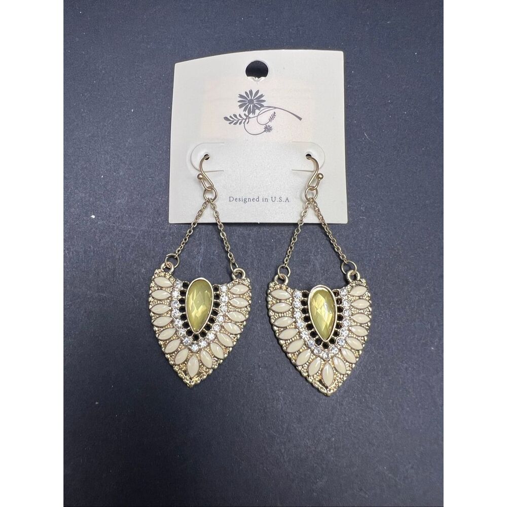 New! Gold Tone Chandelier Fan Shape Cream Soft Yellow Rhinestone Drop Earrings